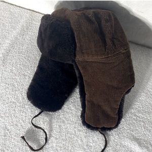 Vintage Swan Brown Corduroy Winter Trapper Hat With Faux Fur Lined Ear Flaps